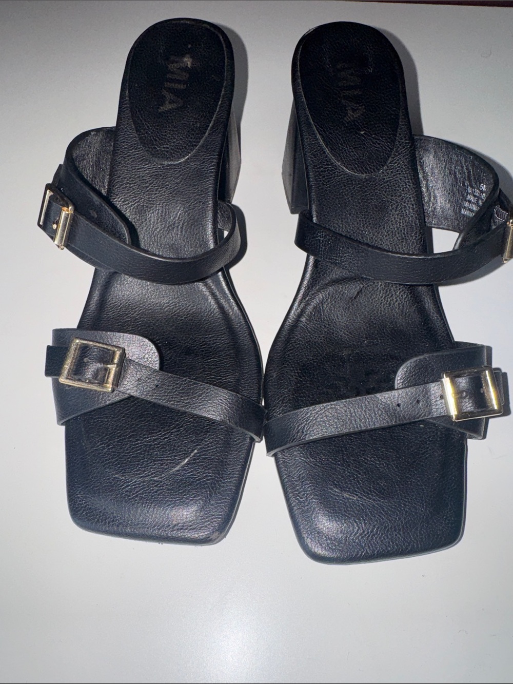 MIA Black Strappy Block Heel Sandals with Gold Buckles